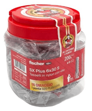 FISCHER 00570206 - Barattolo Tasselli 6X30Mm Con Viti 200 Pezzi Sx Plus 6X30 S + 1 Punta Sds Plus 6Mm