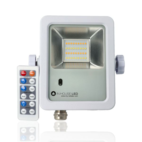 Proiettore LED con rilevatore di presenza, 15W, 220Vac, con regolazione temperatura luce (Calda - Naturale - Fredda), Bianco