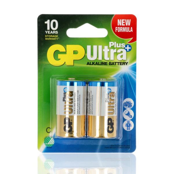 2 Batterie Gp Ultra Plus Alkalina, 1.5V, 14Aup/Lr14, Mezza Torcia C, Blister